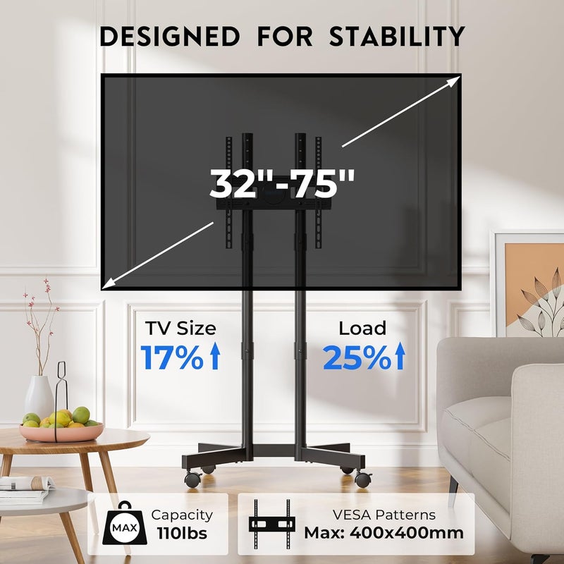 BONTEC Rolling TV Stand for 32-75 Inch TVs, Height Adjustable Mobile TV Cart on Wheels, Heavy Duty TV Stand Supports Up to 110lbs, Stable Dual-Column Design, Cable Management, Indoor, Outdoor - Image 2
